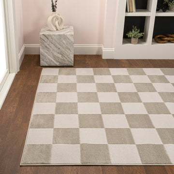 Hand Modern Geometric Checkerboard High-Low Area Rug